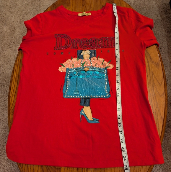 Rhinestone, sequin & beaded red T-shirt by Vinizbena - size L - Picture 6 of 10